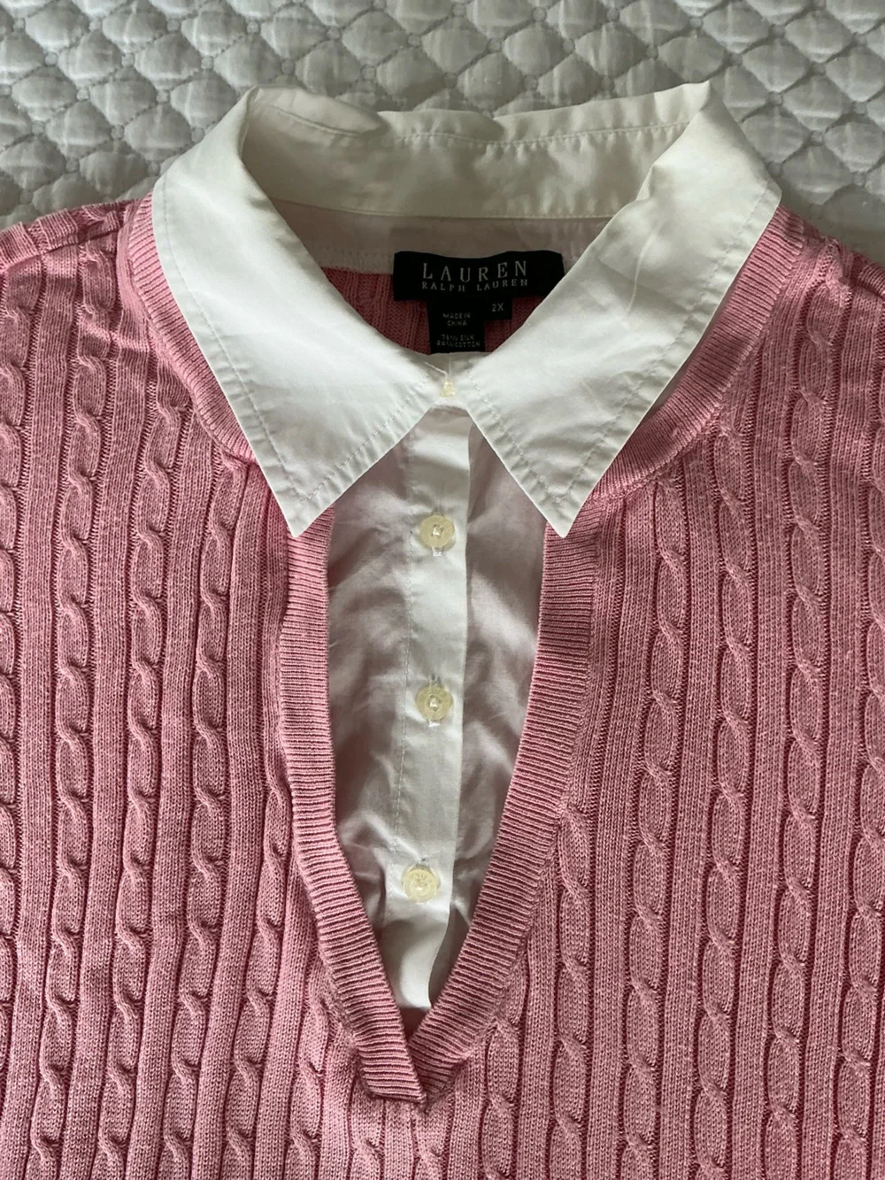 Lauren Ralph Lauren Pink Silk Blend Cable-Knit Sweater with White Collar 2X